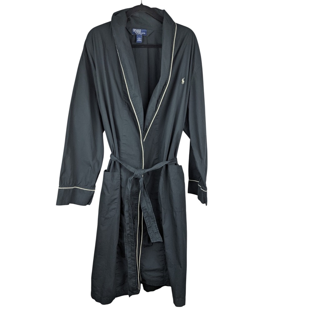 Polo Ralph Lauren Mens Black Cotton Robe Shawl Collar Contrast Piping S/M